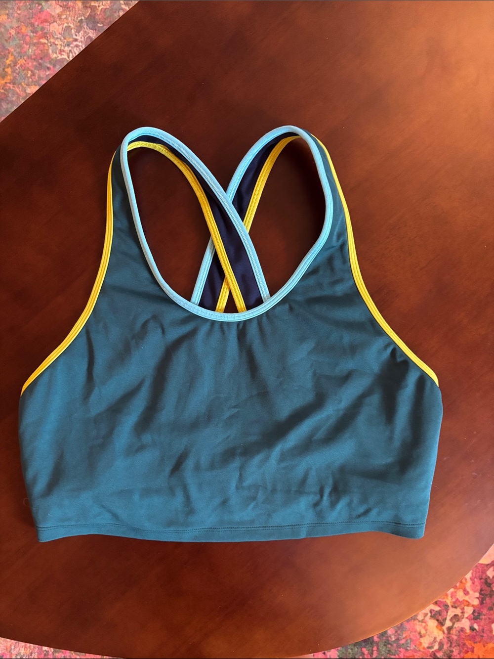 cotopaxi Teal Sports Bra with Light Blue and Yellow Trim